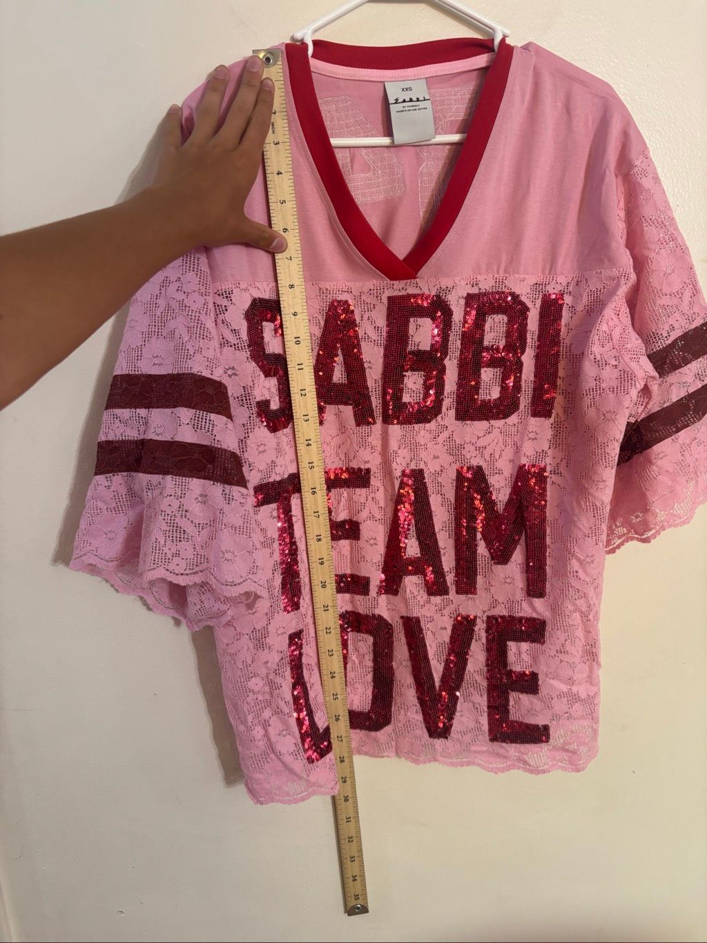 Nwot Sabbi The Lace Varsity Sequin Cotton Candy Oversized Jersey Women's Xxs — image 5 of 8